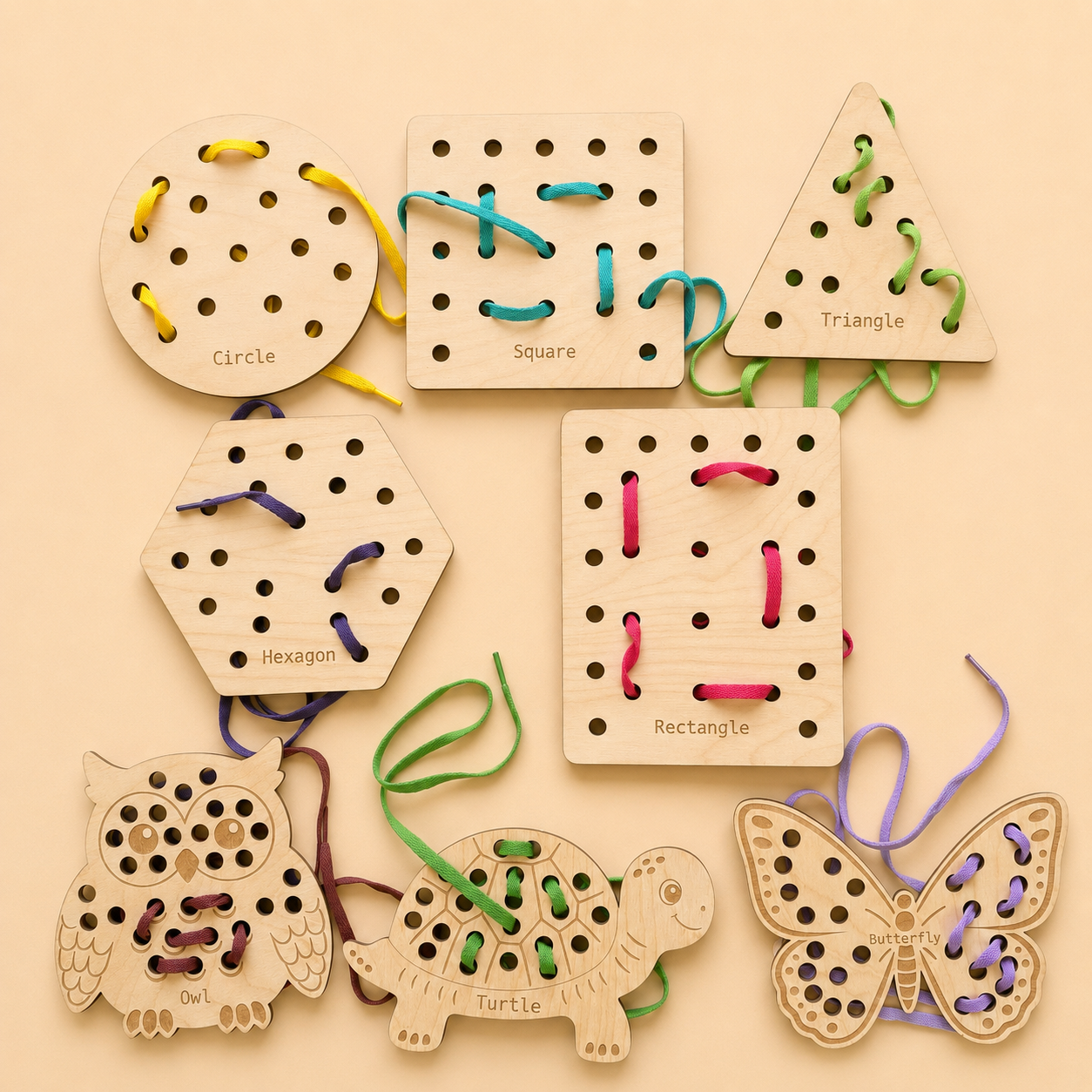 Wooden Threading Cards – Shapes & Animals