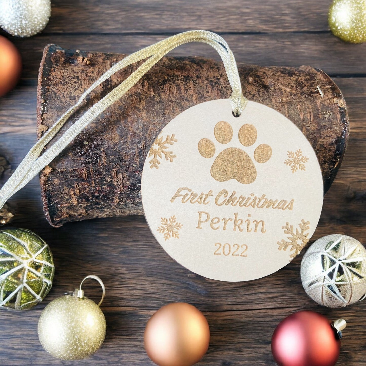 Personalised Wooden Snowflake Dog Paw First Christmas Bauble