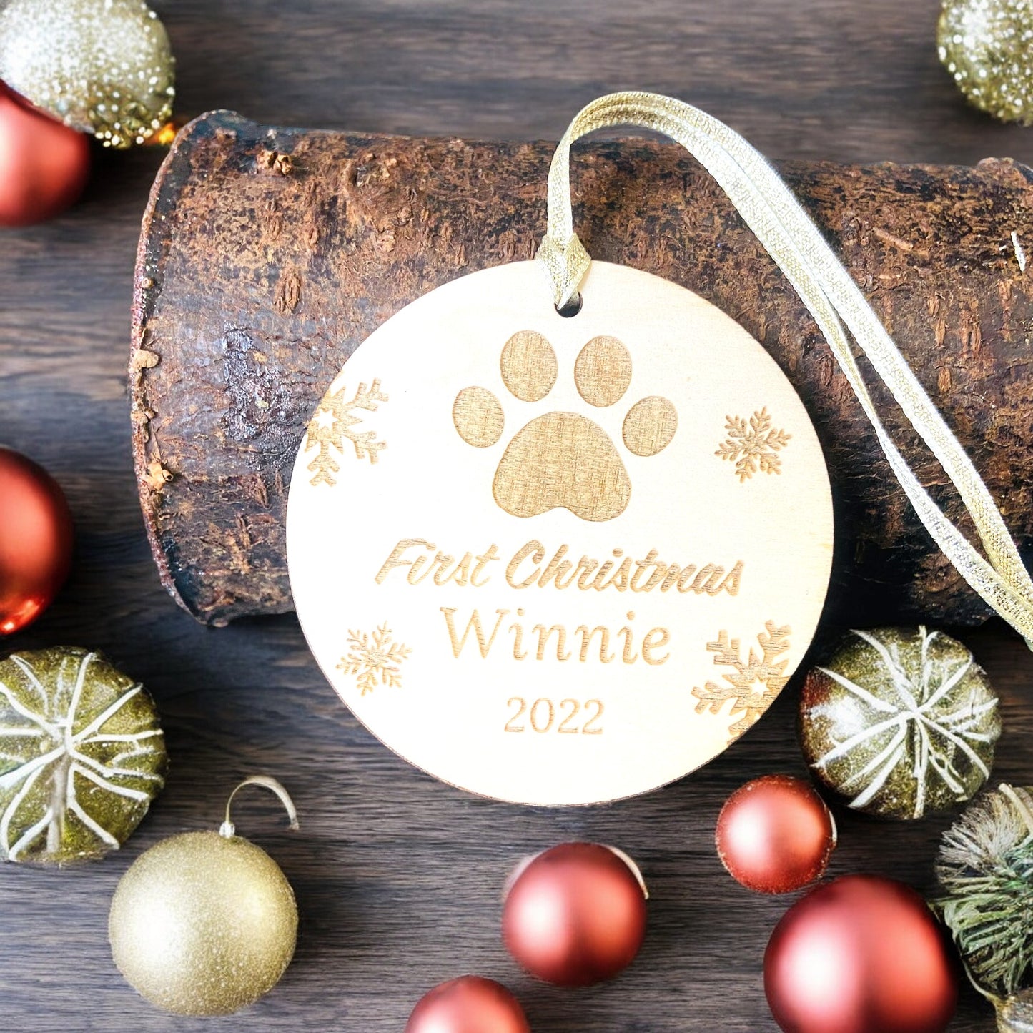 Personalised Wooden Snowflake Dog Paw First Christmas Bauble