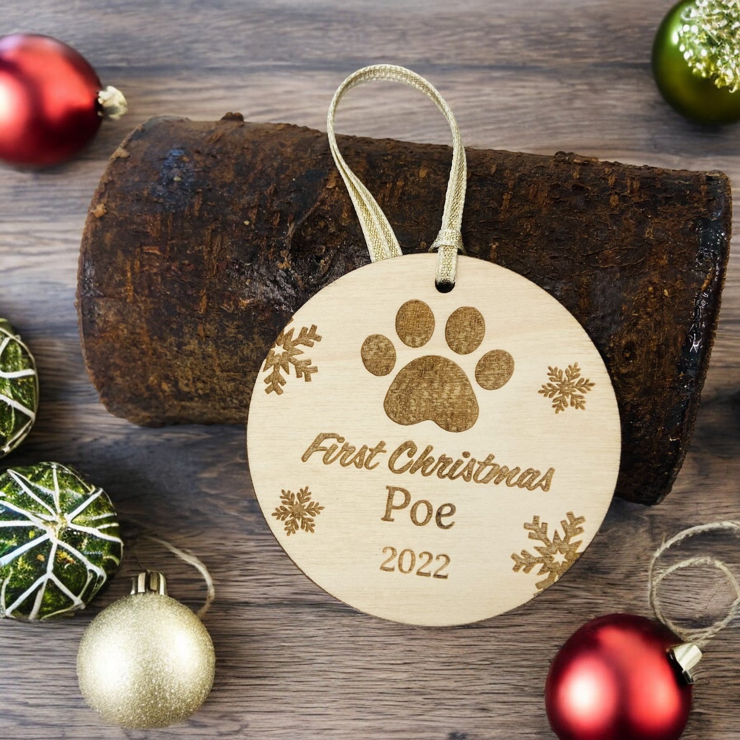 Personalised Wooden Snowflake Dog Paw First Christmas Bauble