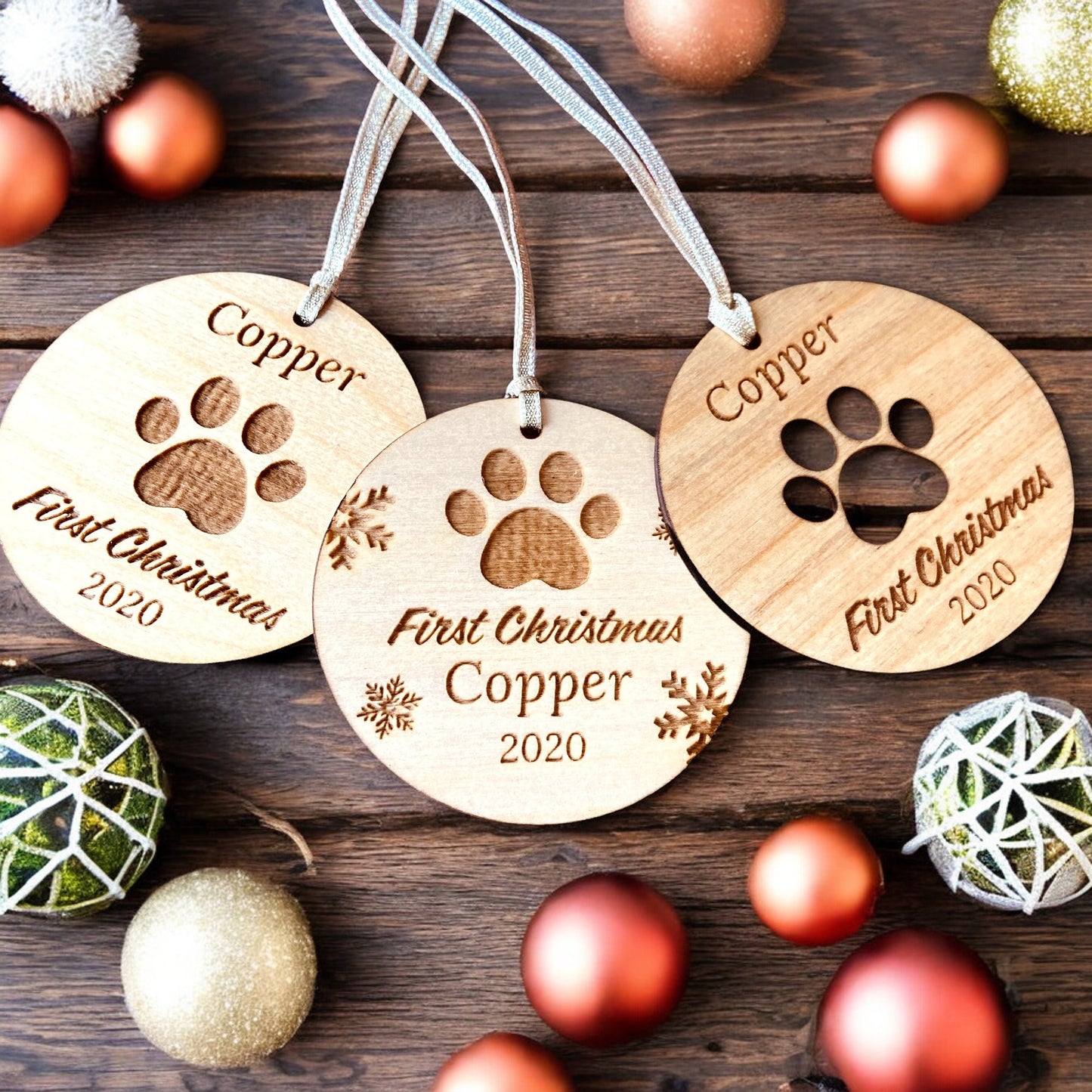 Personalised Wooden Snowflake Dog Paw First Christmas Bauble