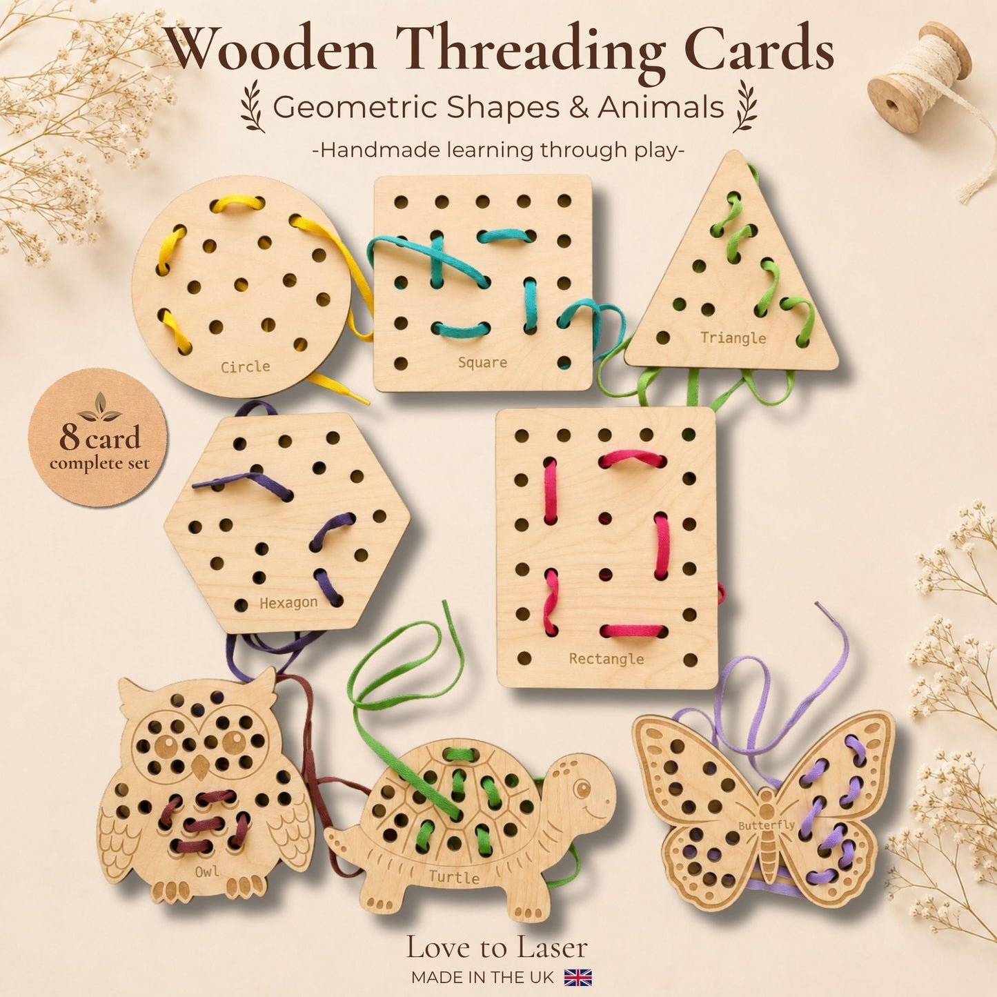 Wooden Threading Cards – Shapes & Animals