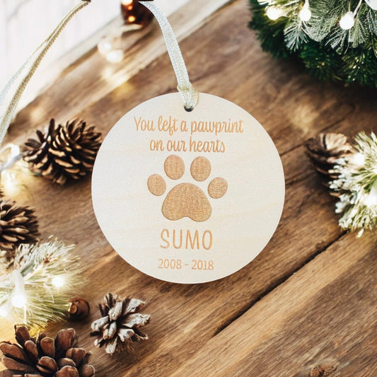 Personalised Wooden Dog Simple Pawprint Memorial Bauble