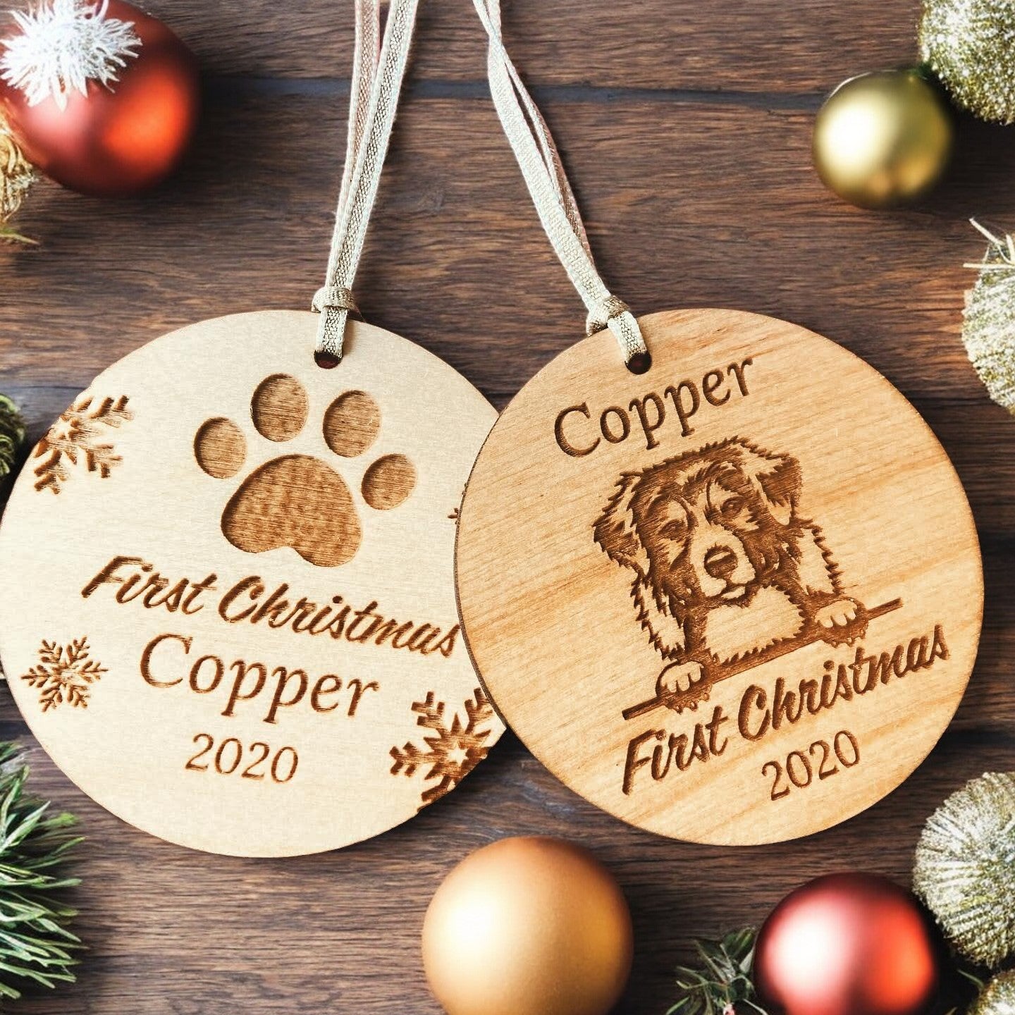 Personalised Wooden Dog's First Christmas Bauble