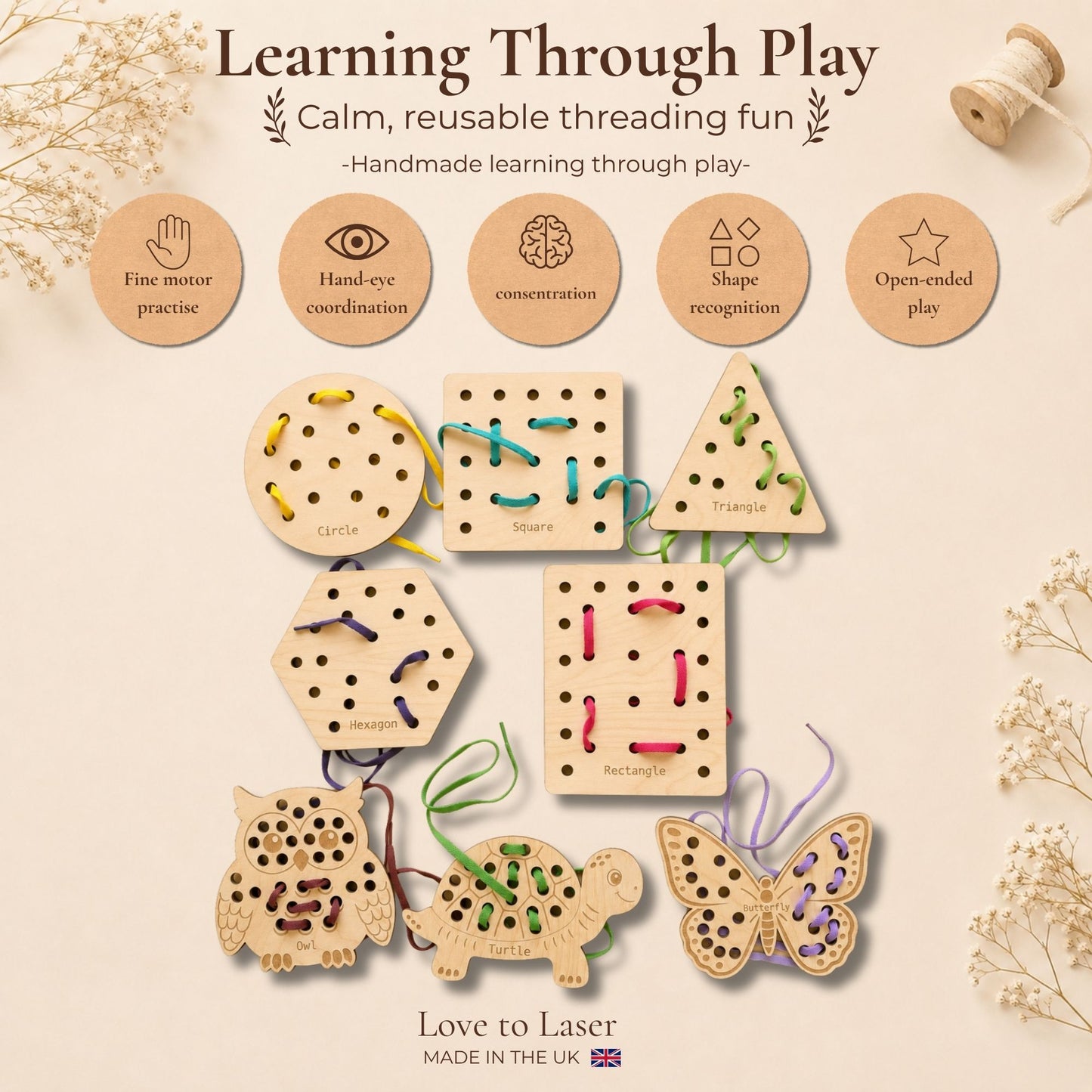 Wooden Threading Cards – Shapes & Animals
