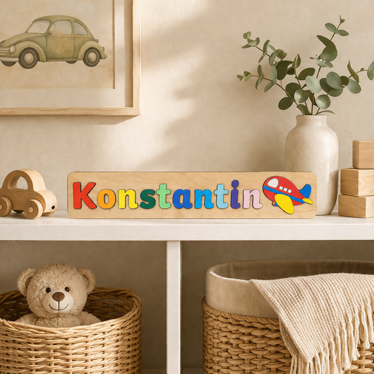 Personalised Wooden Name Puzzle with Vehicles