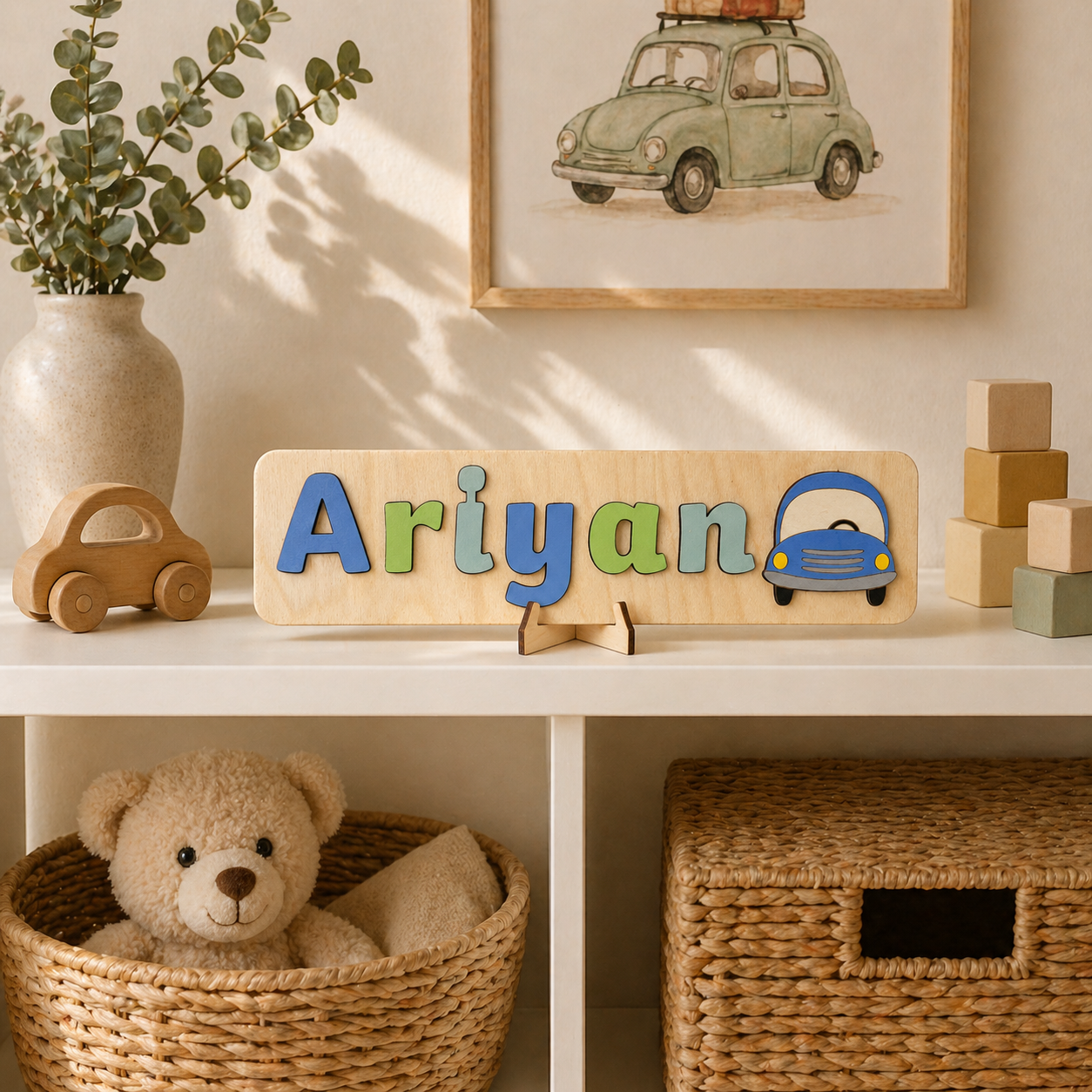 Personalised Wooden Name Puzzle with Vehicles