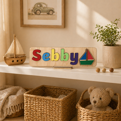 Personalised Wooden Name Puzzle with Vehicles