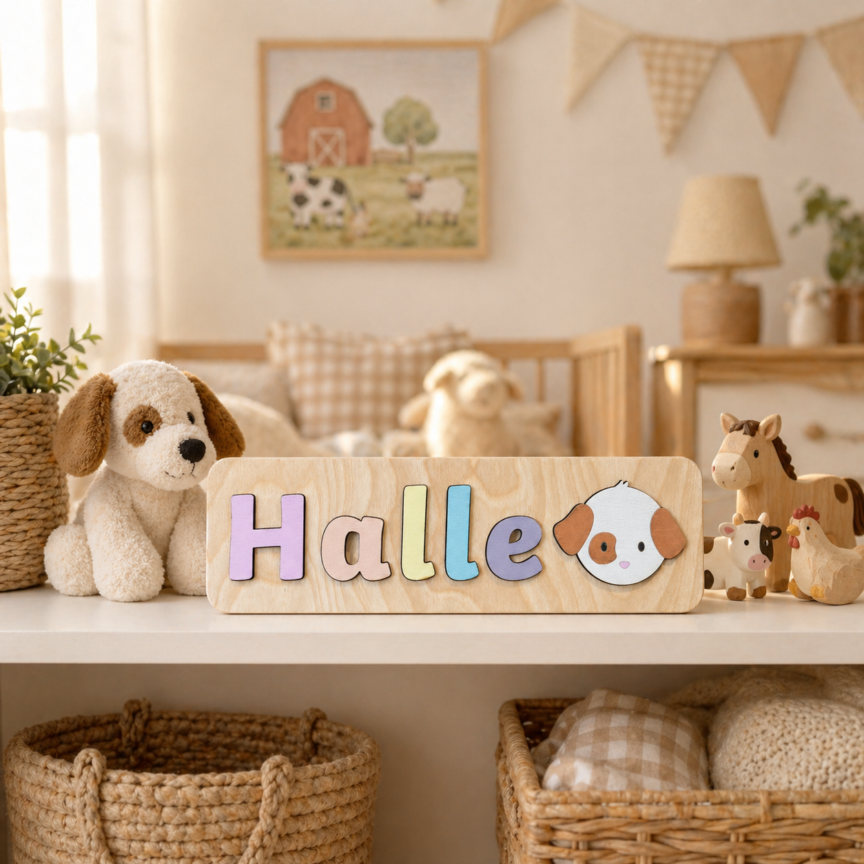 Personalised Wooden Name Puzzle with Farm Animals