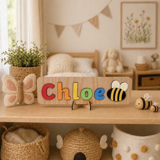 Personalised Wooden Name Puzzle with Bugs & Flowers