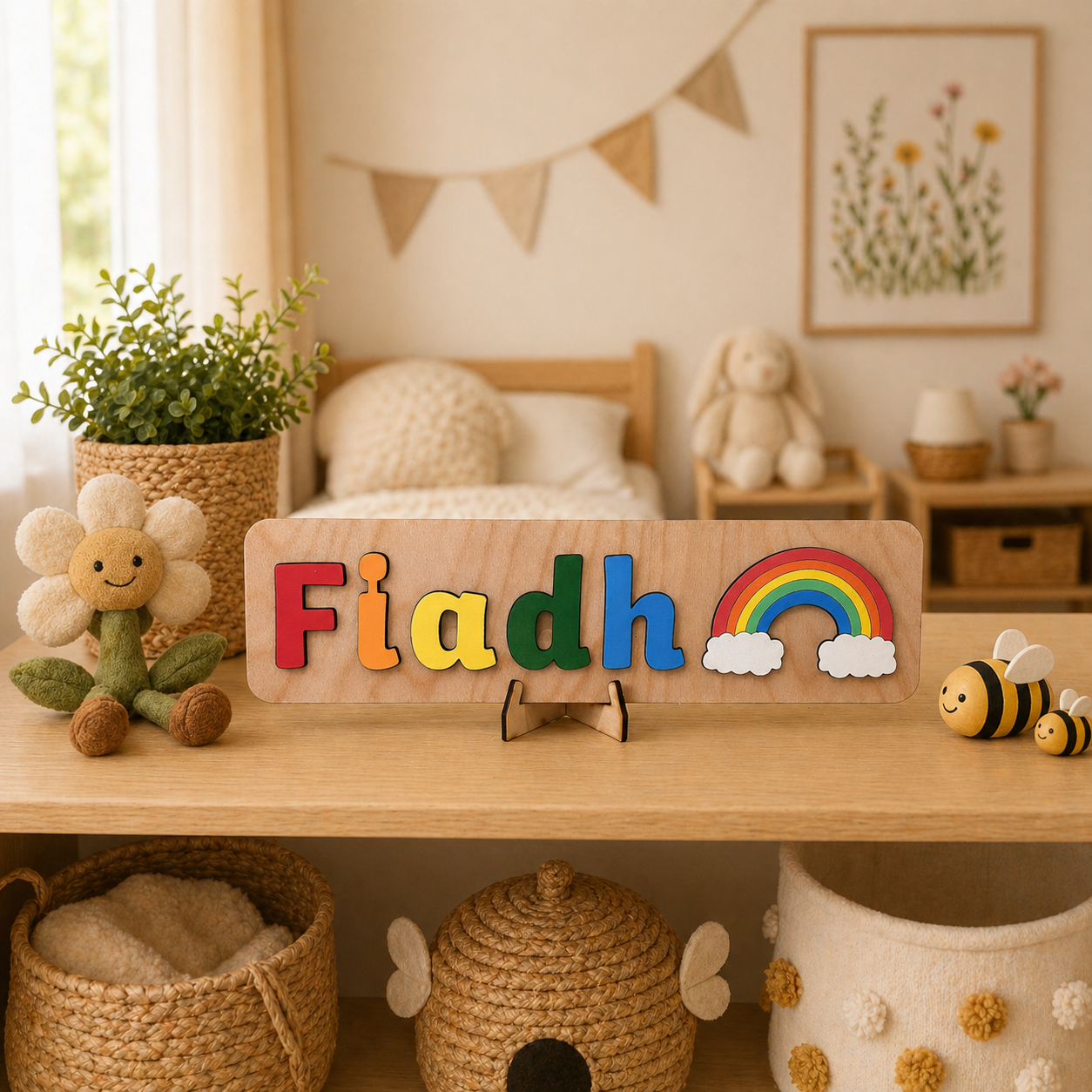 Personalised Wooden Name Puzzle with Bugs & Flowers