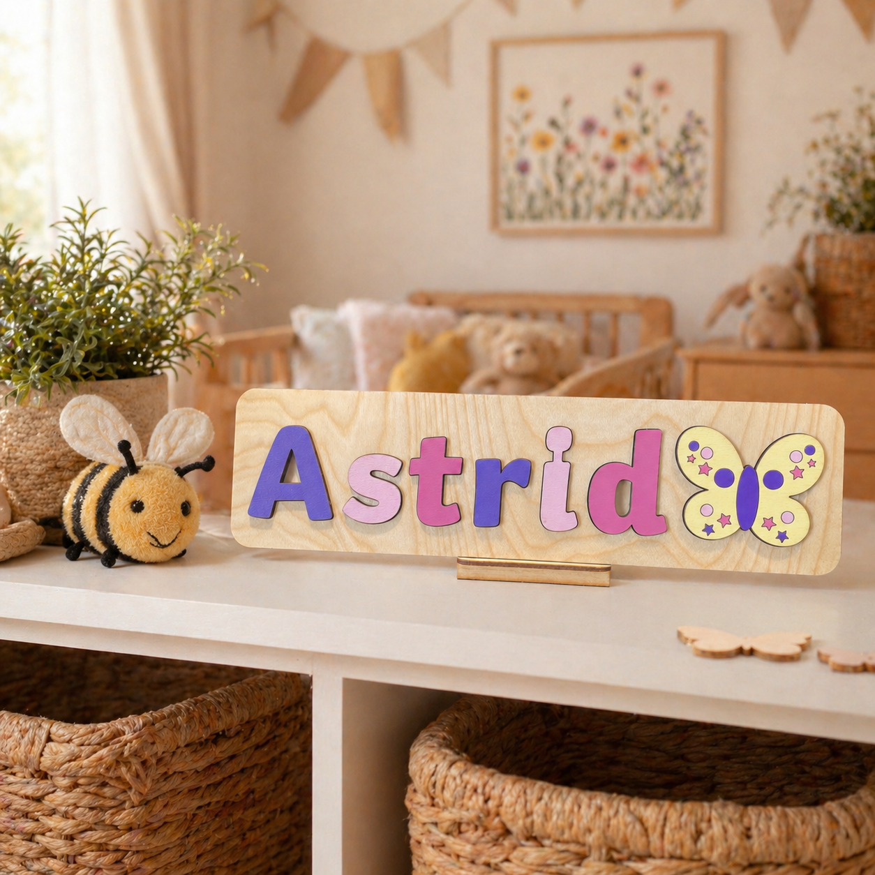 Personalised Wooden Name Puzzle with Bugs & Flowers