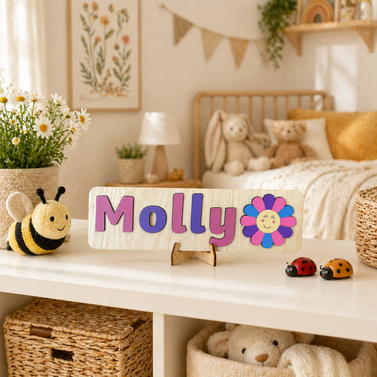 Personalised Wooden Name Puzzle with Bugs & Flowers