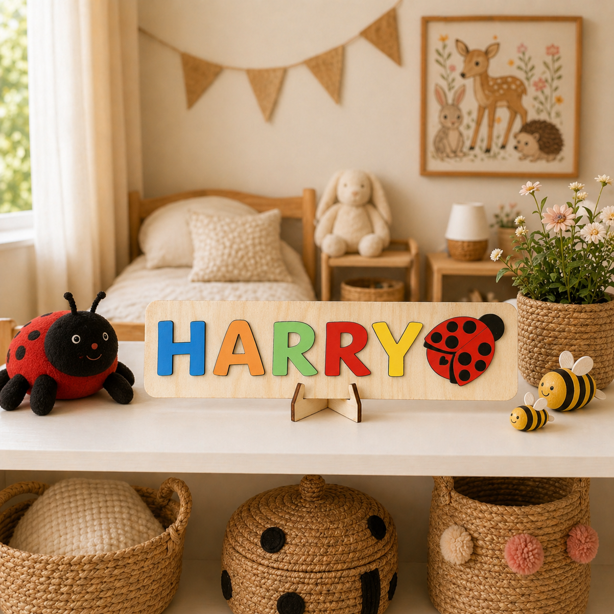 Personalised Wooden Name Puzzle with Bugs & Flowers