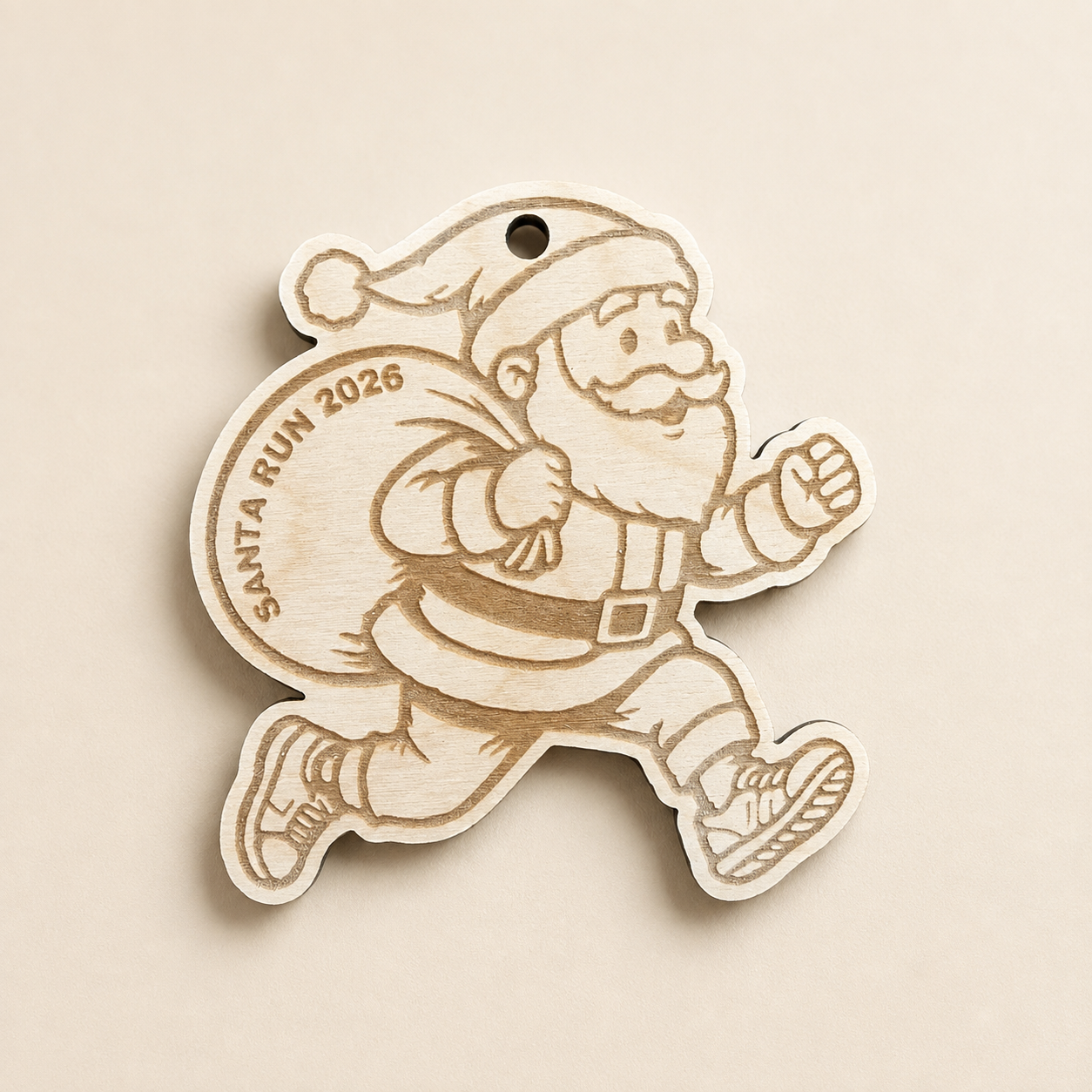 Santa Shaped Santa Run Wooden Medal
