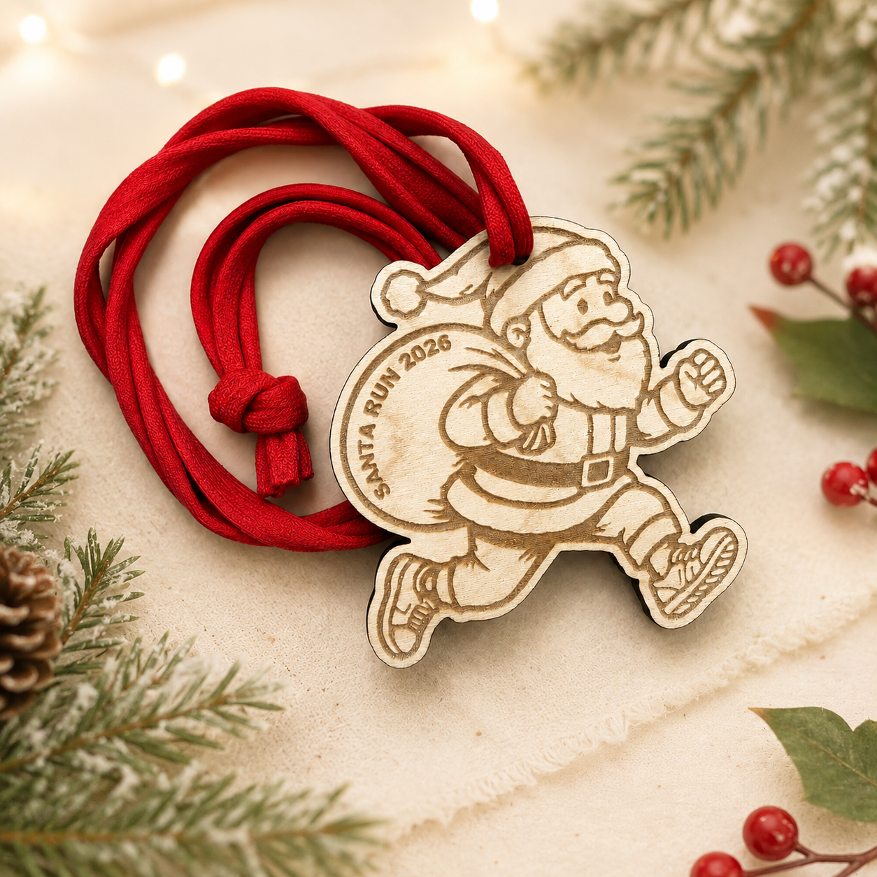 Santa Shaped Santa Run Wooden Medal