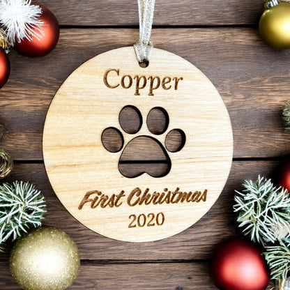 Personalised Wooden Dog Paw First Christmas Bauble