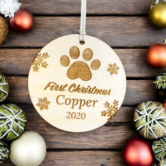 Personalised Wooden Snowflake Dog Paw First Christmas Bauble