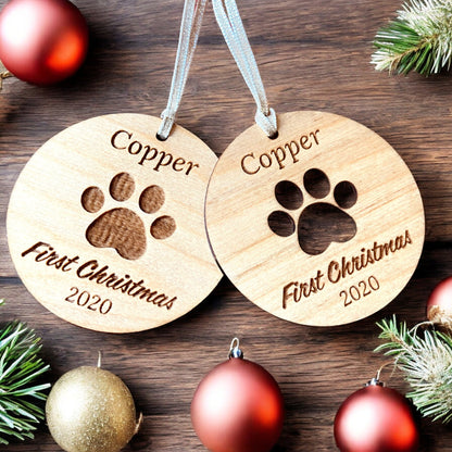 Personalised Wooden Dog Paw First Christmas Bauble