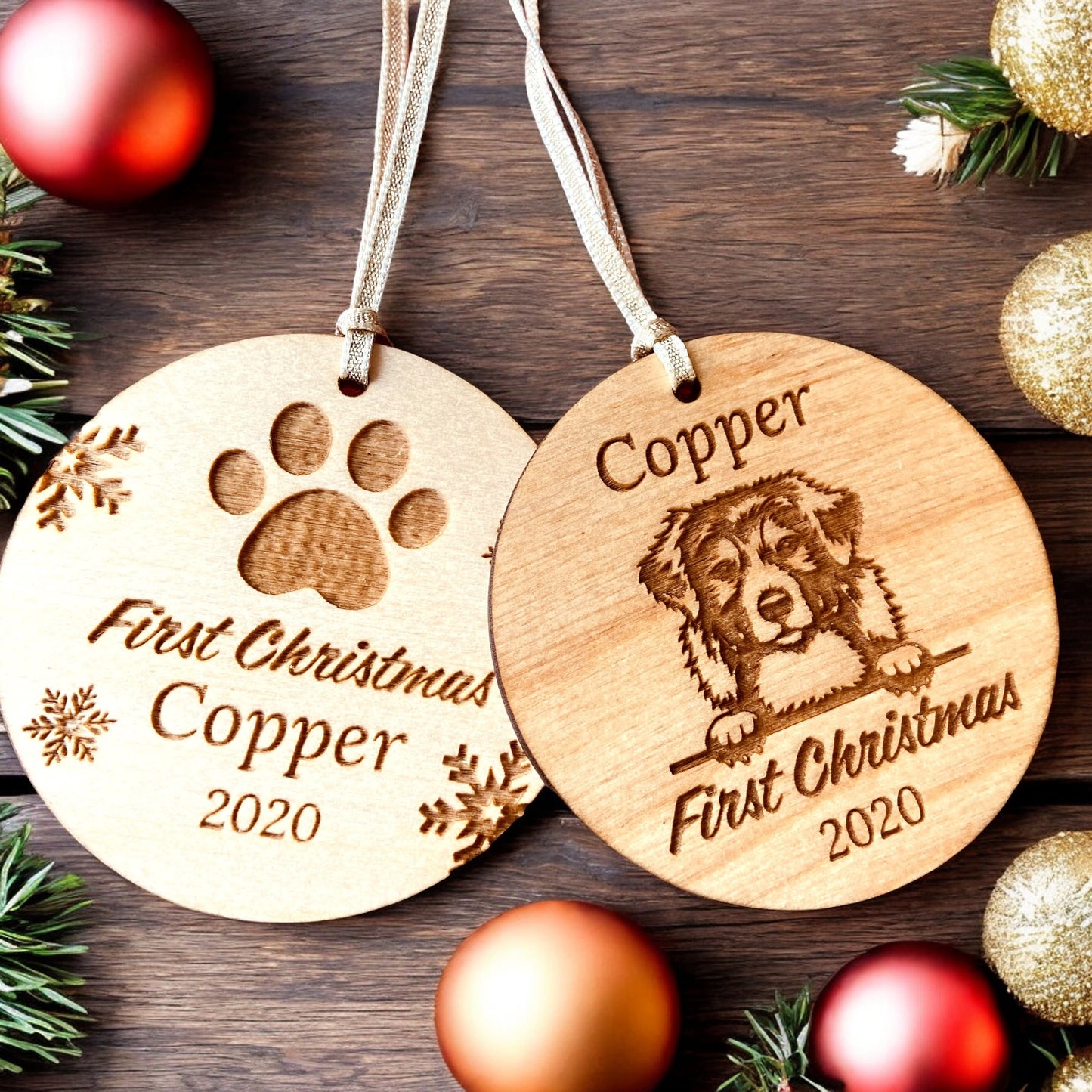 Personalised Wooden Dog's First Christmas Bauble