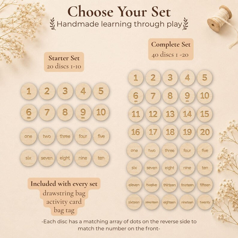 Starter and complete wooden number matching game sets showing numbers 1 to 10 and 1 to 20