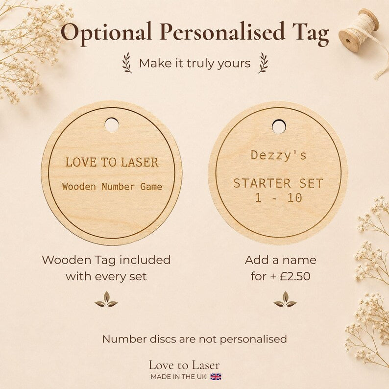 Wooden Love to Laser number game storage bag tag with optional name personalisation