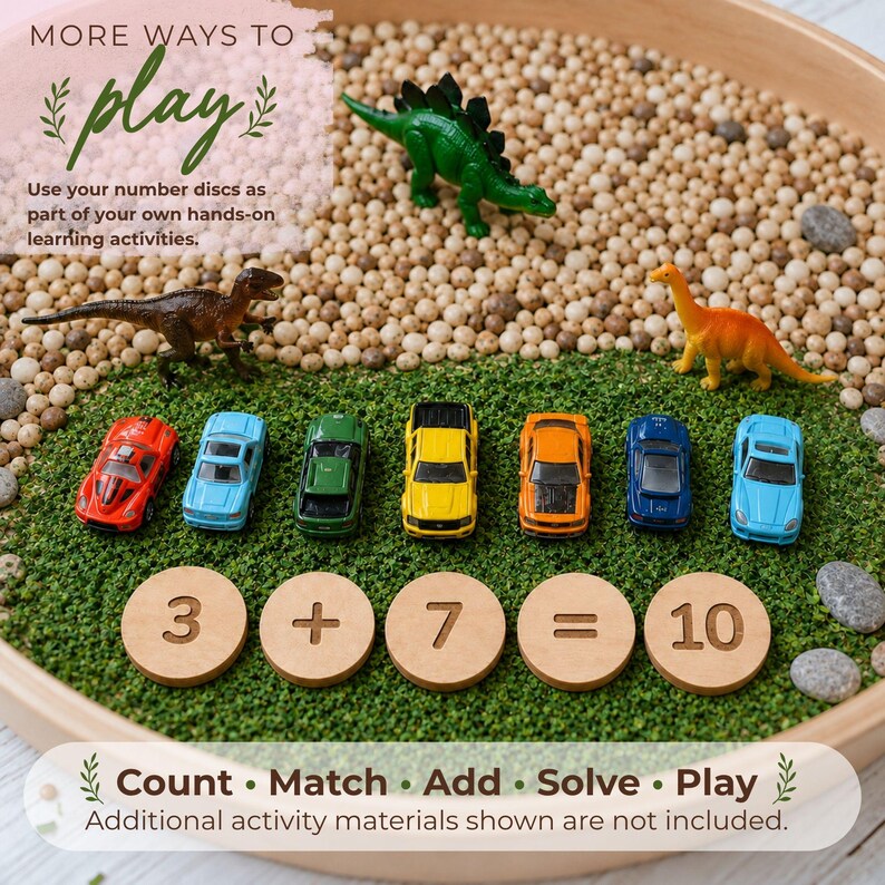 Wooden number game used for a hands-on addition activity with toy cars and dinosaurs