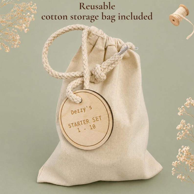 Reusable cotton storage bag for the wooden number matching game with personalised wooden tag