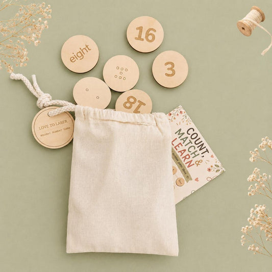 Wooden number matching game with cotton storage bag, wooden number discs and activity card
